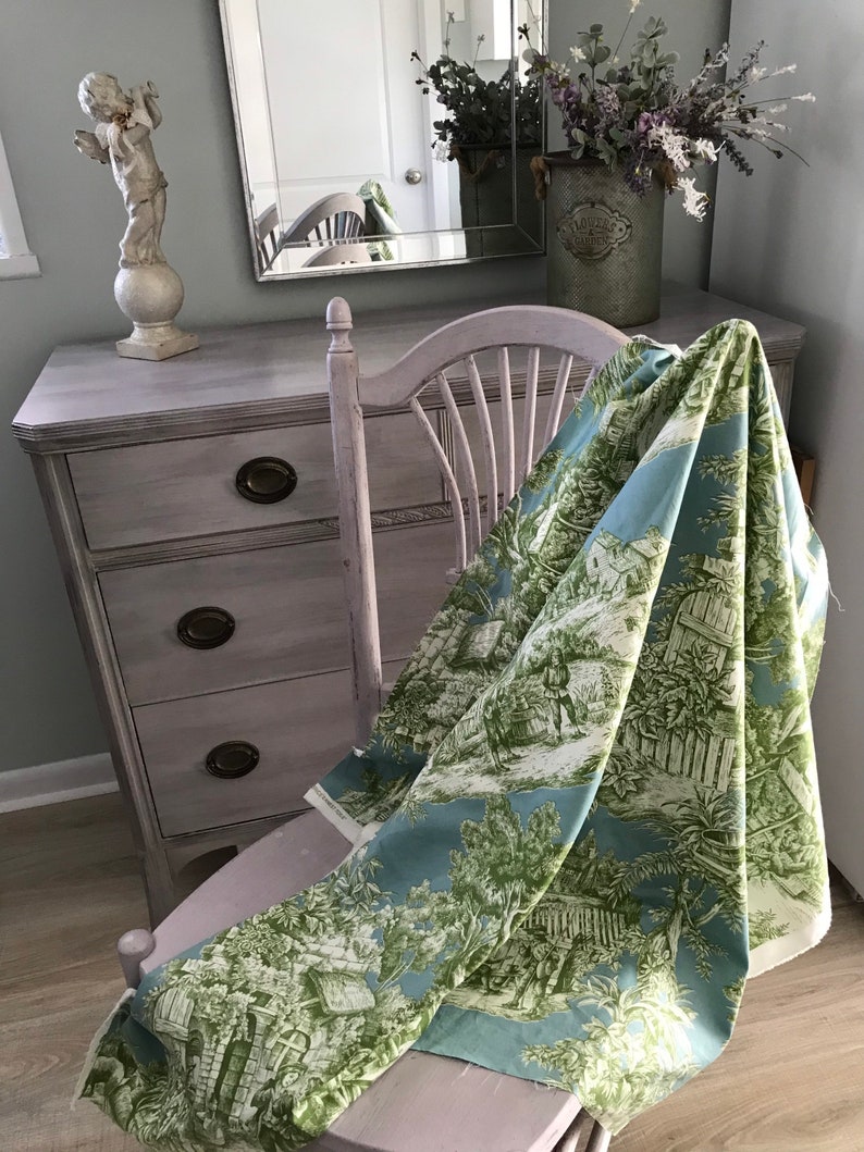 Vintage blue and green toile fabric bluish green Etsy