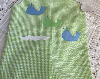 Vintage baby boy romper, green and white summer striped one piece whale outfit, baby outfit, new old stock