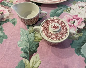 Vintage Memory lane reddish/pinkish transfer ware ironstone dishes, Pink creamer and sugar Farmhouse Cottagecore, 1950s-60s vintage kitchen