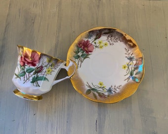 Vintage English Elizabethian  tea cup and saucer, vintage English China tea cup and saucer, beautiful colorful floral tea cup and saucer,