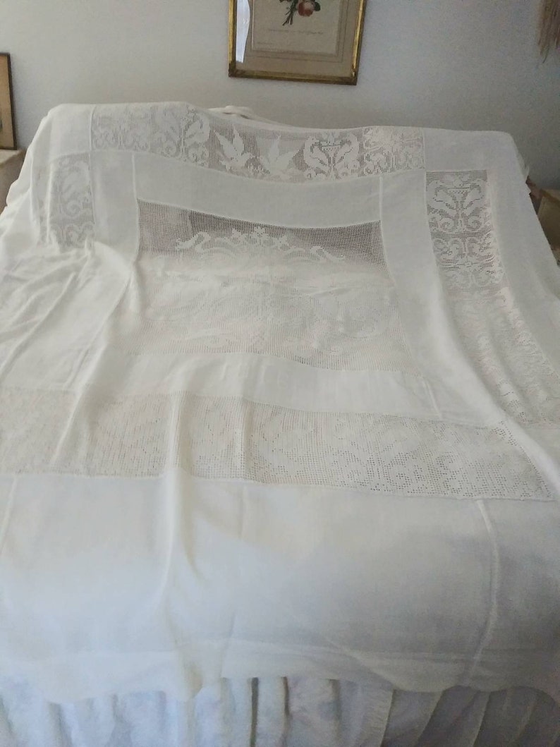 Italian linen bed cover antique linen bed cover,European handwork,shabby chic wedding bed,birds cherubs bed cover exquisite hand crochet