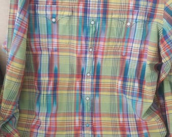 Vintage unique ralph lauren rainbow colorful plaid shirt with pearl snaps,polo western bright yellow blue green pink mens xl vintage polo