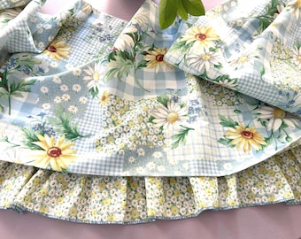 Vintage pale blue gingham checks, and tiny calico-style pattern daisy quilt-inspired daisy valance ruffled farmhouse curtain,English cottage