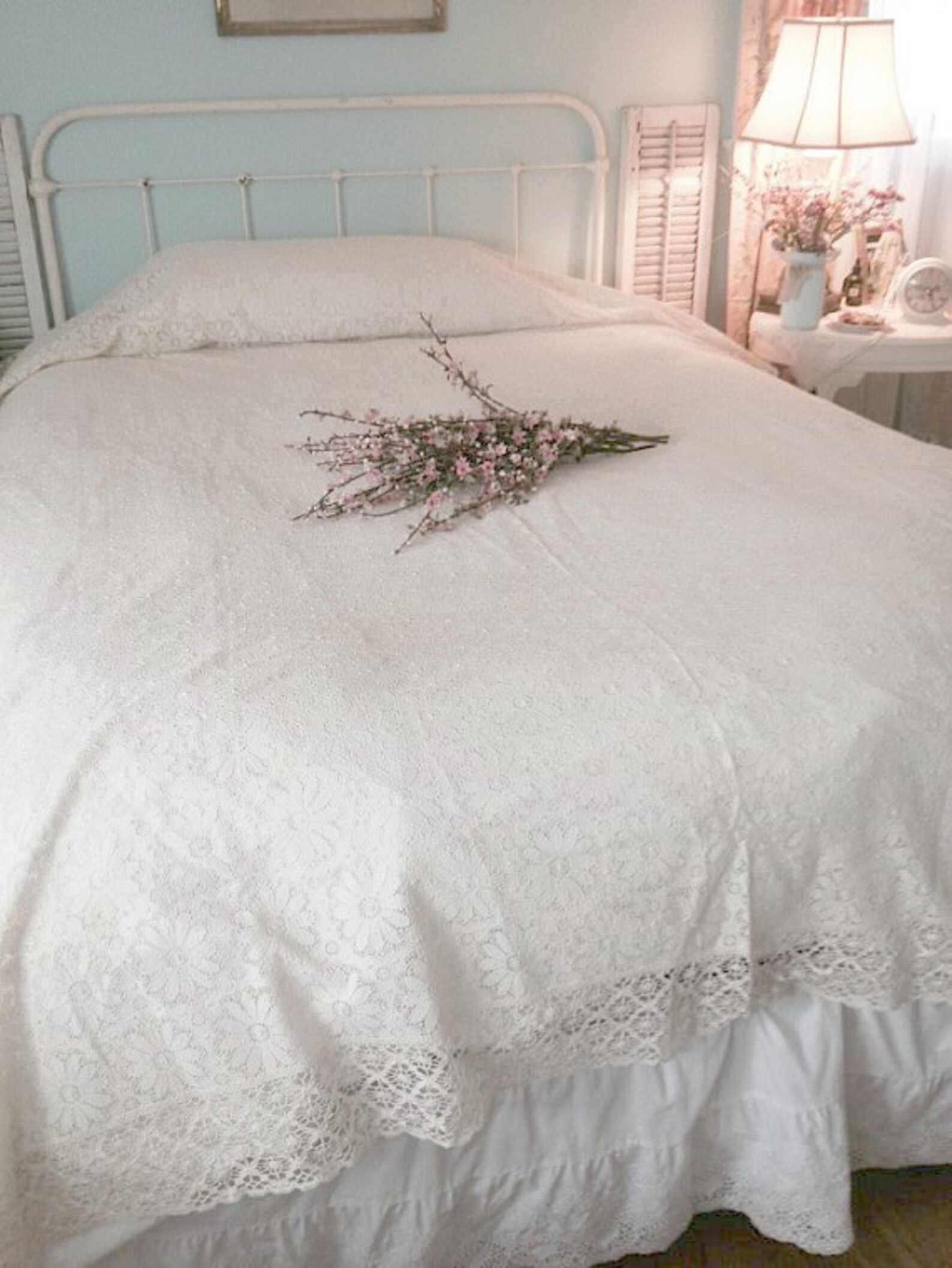 Large Vintage 50s Lace Bed Spread Lace Cream Lace Etsy Sweden