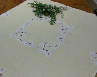 cottage vintage linen tablecloth, yellow and white cut work  flowered tablecloth, wedding cake shabby chic square tablecloth by herminas