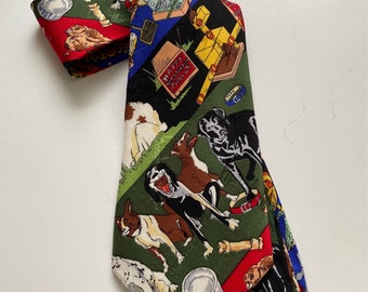 Vintage animal lovers necktie, dogs birds,lizard, turtles fish tie, hand sewn silk tie made in Korea,vintage menagerie necktie,