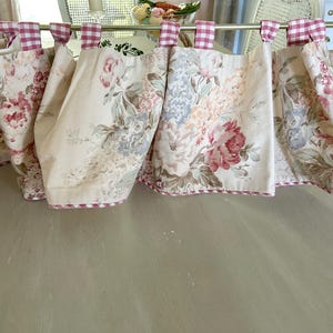 Sweet very wide window valance, linen lined window valance with pale pink roses