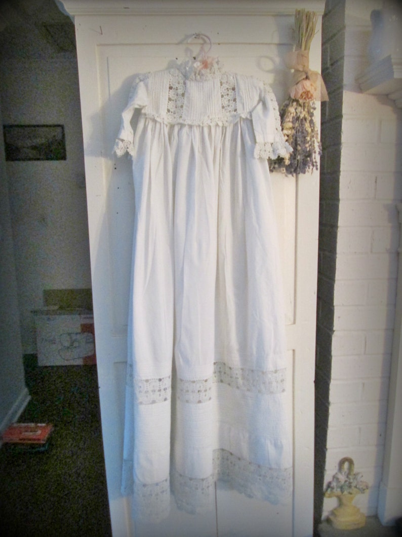 1900 French handmade long christening gown, antique blessing dress,crochet cotton blessing dress turn of the century french linens baptism image 3