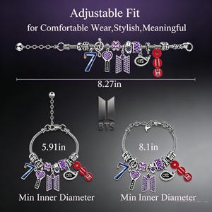 BTS-tema Pandora-stil Charm-armband, lila och silver justerbara smycken present