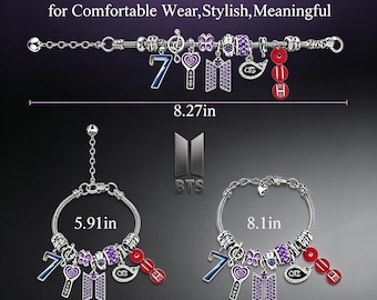 BTS Themed Pandora Style Charm Bracelet, Purple & Silver Adjustable Jewelry Gift