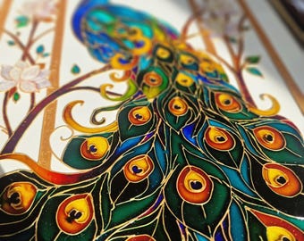 手描き孔雀ガラスアートパネル – オリジナル装飾窓掛け＆壁掛け – 39 × 29 cm – 一点物