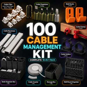 May include: A 100-piece cable management kit featuring white cable clips, olive and gray cable organizers, orange wall hooks, red cable clamps, black cable holders, white cable raceways, a desk organizer box, a cable coaster, and a wall mount.