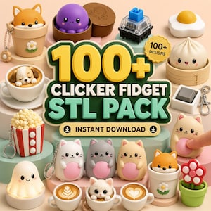 Puede incluir: Una colección de juguetes fidget de clic imprimibles en 3D con varios personajes como un shiba inu en una maceta, un pulpo morado, un perro en una taza de café, un cubo de palomitas, un fantasma y gatos. El texto dice 100+ CLICKER FIDGET STL PACK.