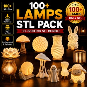 Può includere: Una collezione digitale di oltre 100 file STL di lampade per stampa 3D. L'immagine mostra vari design di lampade illuminate, tra cui un fiore di loto, un fungo, una sfera, un vaso a spirale, un coniglio, una lumaca, un fantasma e una pecora.