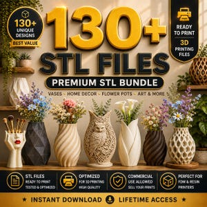 Puede incluir: Un gráfico digital que muestra 130+ STL FILES PREMIUM STL BUNDLE con texto que incluye READY TO PRINT y 3D PRINTING FILES. Se muestran seis jarrones decorativos, incluyendo un soporte con forma de rostro, diseños geométricos, espirales y florales.