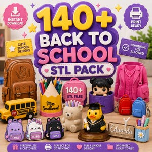 Puede incluir: Una colección digital de más de 140 archivos STL de regreso a clases para impresión 3D, con varios accesorios de escritorio como una mochila marrón, un autobús escolar amarillo, portalápices, un oso, un pato graduado y mini mochilas.