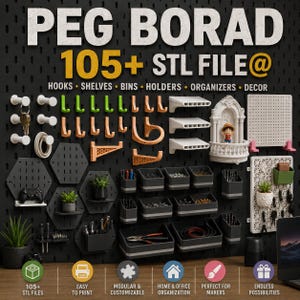 May include: A collection of 105+ STL files for 3D printing pegboard accessories including hooks, shelves, bins, holders, and organisers. The display features various black, white, green, and orange plastic components mounted on a black pegboard.
