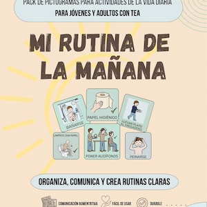 May include: A digital PDF resource titled MI RUTINA DE LA MAÑANA featuring a pack of pictograms for daily activities. The document includes illustrations for bathing, using toilet paper, washing dishes, wearing headphones, and brushing hair.