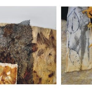 May include: Close-up of a textile art piece with different textures and colors. The piece features a black mesh fabric, a brown fabric with a leaf pattern, and a white fabric with a leaf design. The piece is stitched together with a yellow thread.