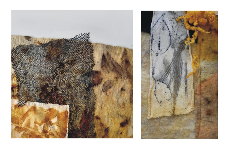 May include: Close-up of a textile art piece with different textures and colors. The piece features a black mesh fabric, a brown fabric with a leaf pattern, and a white fabric with a leaf design. The piece is stitched together with a yellow thread.