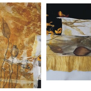 May include: A close-up of a fabric art piece with a yellow, brown, and white color scheme. The fabric is layered and stitched together, and there are various textures and patterns. The piece features a botanical theme with leaves and flowers.