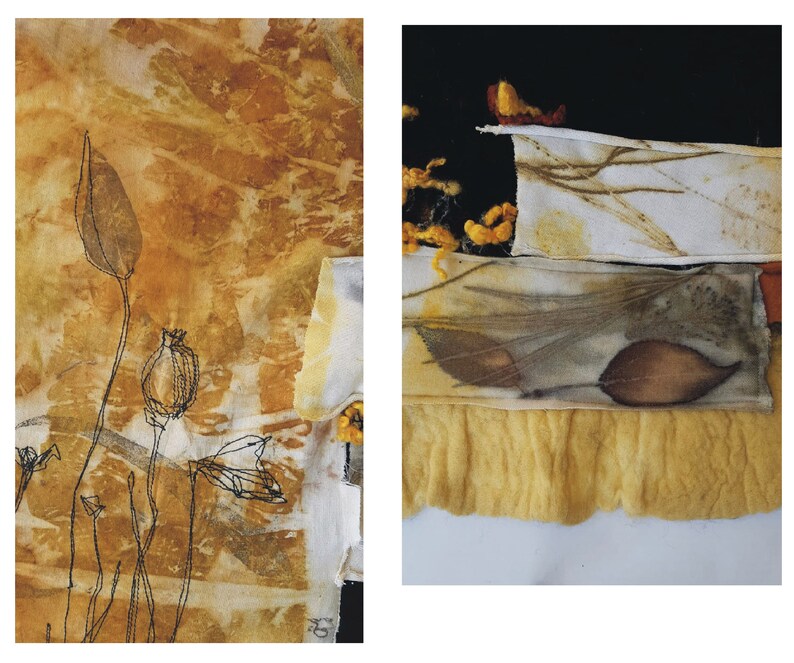 May include: A close-up of a fabric art piece with a yellow, brown, and white color scheme. The fabric is layered and stitched together, and there are various textures and patterns. The piece features a botanical theme with leaves and flowers.