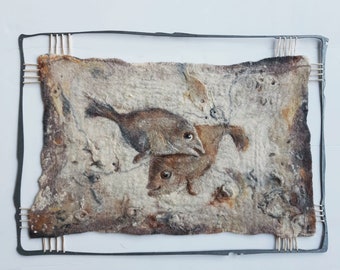 Natural color handmade artwork - Home decor - Wall hanging panel - Felt wall decor - Felt picture - 11 fish