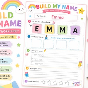 Może przedstawiać: Edukacyjny arkusz roboczy zatytułowany Build My Name z sekcjami do wycinania liter, przyklejania ich w odpowiedniej kolejności, śledzenia imienia Emma i pisania go. Strona zawiera kolorowe grafiki tęczy, chmur i gwiazd oraz kredki, nożyczki i klej.