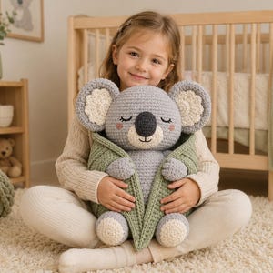 Pode incluir: Uma peluche de koala em croché cinzenta e branca embrulhada numa manta de malha verde sálvia. O koala apresenta um nariz cinzento escuro, olhos fechados bordados e orelhas texturizadas com centros em creme, em posição sentada.