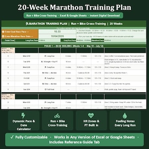 Könnte beinhalten: Ein 20-wöchiger Marathon-Trainingsplan als Tabellenkalkulation mit Lauf- und Rad-Cross-Training. Das digitale Dokument enthält einen dynamischen Rechner für Tempo und Datum, Herzfrequenzzonen, physiotherapeutische Hinweise und Verpflegungstipps.