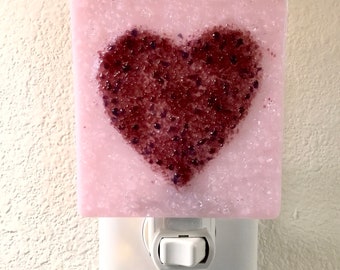 PINK - PURPLE HEART Night Light Fused Glass H19