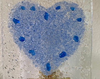 NightLight - BLUE VALENTINE Love Heart Fused Glass Night Light H28