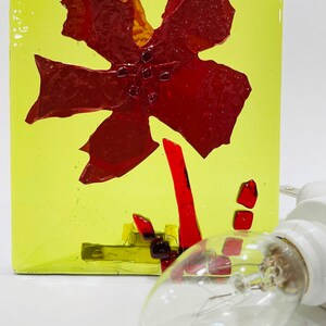 Night Light Red Flower Fused on Chartreuse Stained Glass Nightlight F35