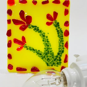 Night Light Red FLOWER Fused on Yellow Stained Glass Nightlight F42
