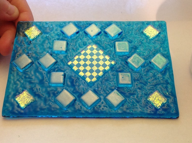 Dichroic Fused Glass Checkerboard Night Light Blue Stained Glass A10 image 1