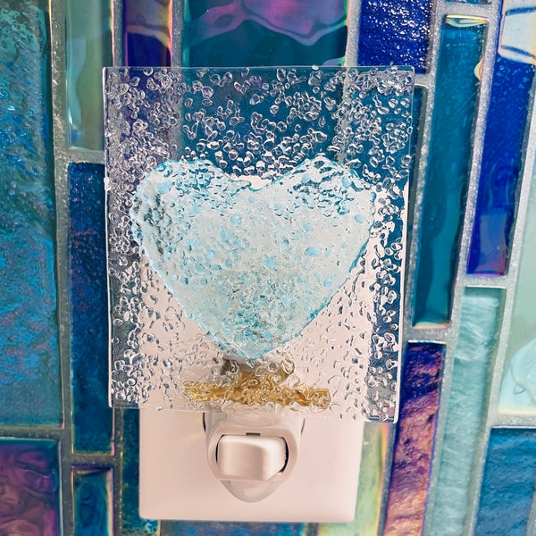 Delicate Nightlight Aqua Blue Love Heart Glass H12