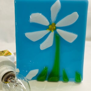 Night Light FUSED GLASS White Flowers on Aqua Nightlight F45