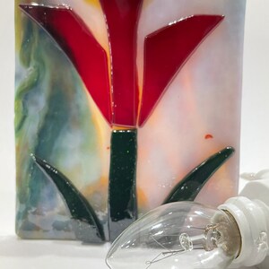 Night Light DARK RED FLOWER Kiln Fused Stained Glass F36