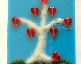 RED HEART Tree NightLight on Aqua Blue Glass T16