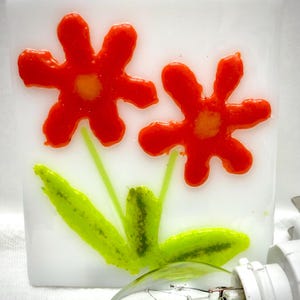 PRETTY GLASS FLOWER Night Light Red- Orange Fused Glass F16