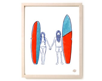 Surfing Art Print "Together" - Mixed Media