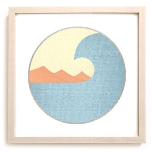 May include: A framed print of a stylized wave crashing over a line of mountains. The wave is blue and the mountains are orange. The background is a light yellow.