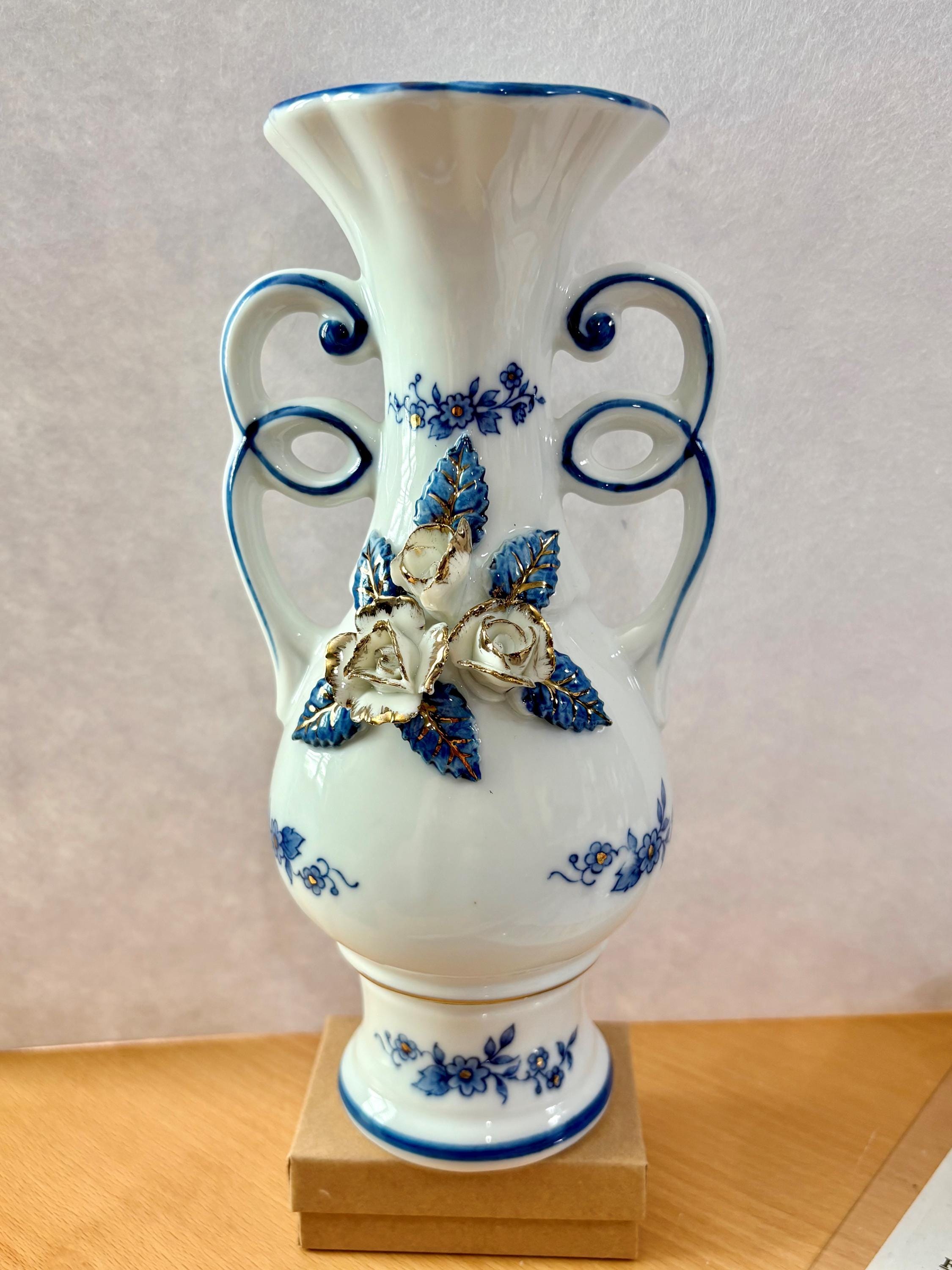 Norcrest Japanese Blue Vase With White Flowers - Etsy