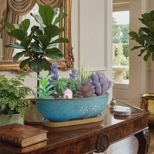 Rectangle Ceramic Succulent Planter | Blue Glazed Bonsai Pot with Tray