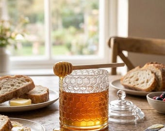 Glass Honey Pot with Wooden Dipper | Honeycomb Beehive Honey Jar