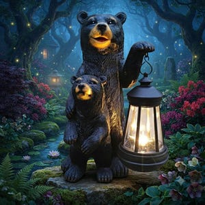 May include: A dark brown bear standing behind a smaller bear cub, both with illuminated faces. The larger bear holds a black lantern with a glowing light inside. They are positioned on a rock in a forest setting with purple and green foliage.