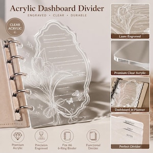 Könnte beinhalten: Ein transparenter Acryl-Dashboard-Trenner für A6-6-Ring-Planer mit lasergravierten Abbildungen von Tulpen, Schmetterlingen und Sternen. Der Trenner hat einen gewellten Rand und horizontale Linien. Enthält die Texte: Monthly, Daily, Notes.