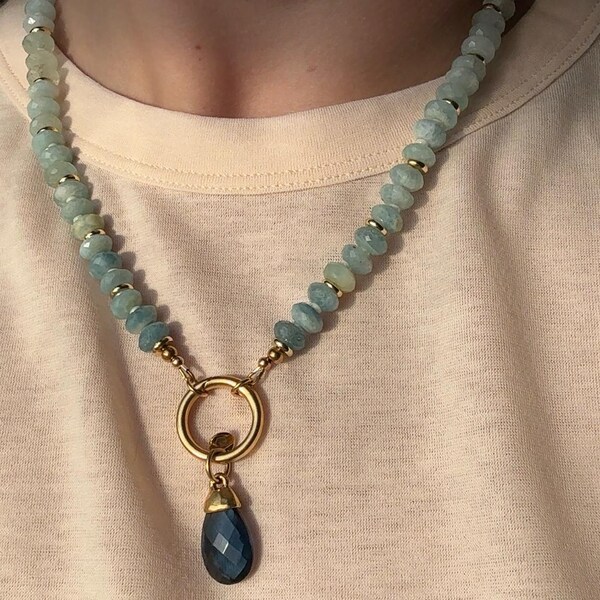 Aquamarine Statement Necklace, Gold Beaded Gemstone Necklace, Azure Coast Collection, Handmade Jewelry