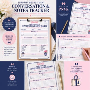 Könnte beinhalten: Ein Sorority-Recruitment-Gesprächs- und Notiz-Tracker auf weißem Papier mit rosa und marineblauen Akzenten, mit Abschnitten für Namen, Gesprächsthemen, Eindrücke und Notizen, präsentiert auf einem Klemmbrett mit einem goldenen Stift.