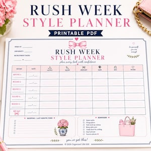 Könnte beinhalten: Ein druckbares PDF-Planerblatt für die Rush Week mit weißem Hintergrund, rosa und marineblauem Text sowie einem Raster zur Planung von Outfits, Schuhen, Schmuck, Frisuren und Taschen. Es enthält eine rosa Schleife, eine Blumenvase und eine rosa Tragetasche.